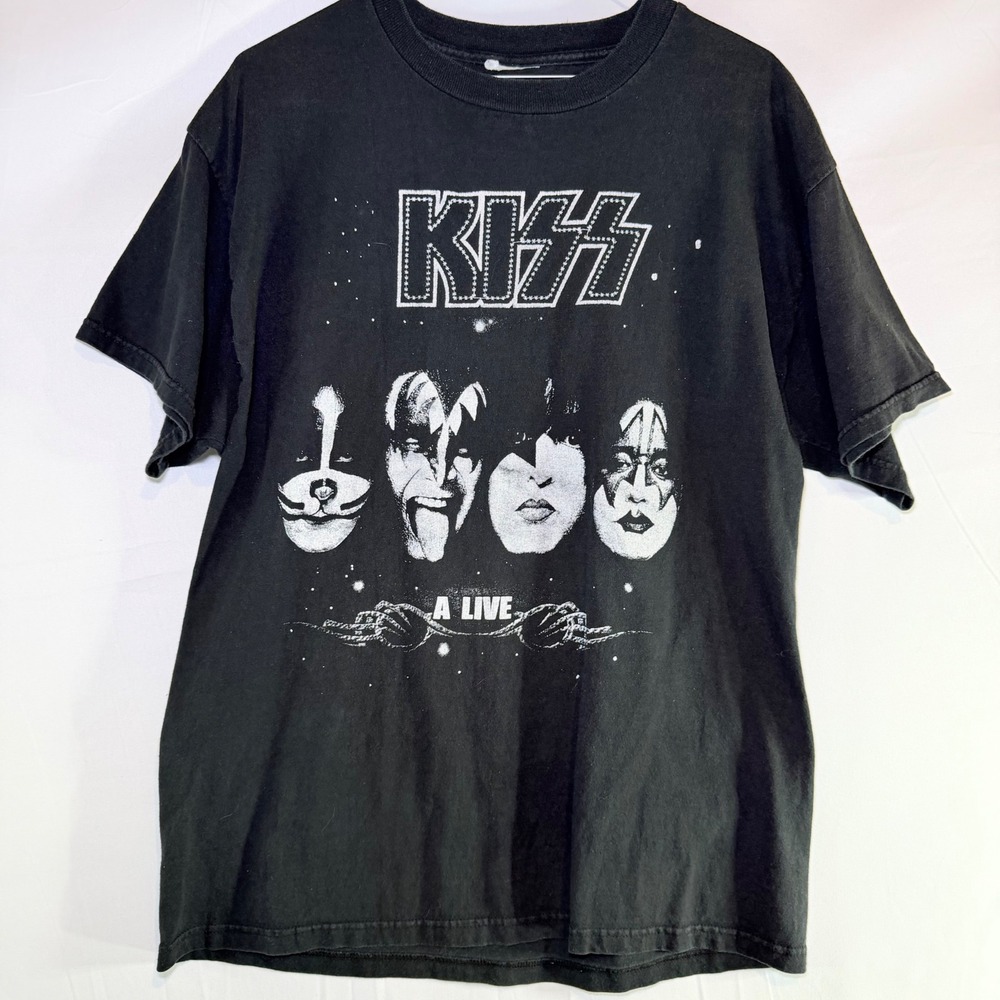 KISS Alive Band T-Shirt Mens Black Graphic Rock Music Tee Short Sleeve Small Y2K